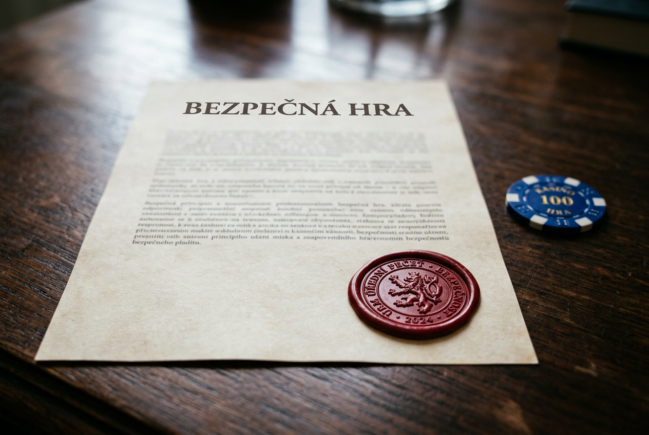 Detailní záběr na certifikát bezpečnosti a licenci